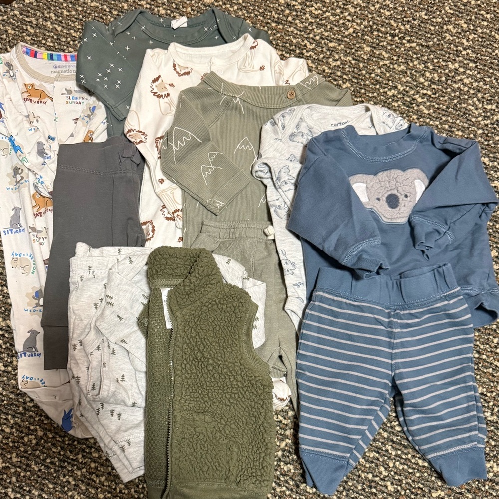 Baby Clothing Bundle in Blue, Gray, and Green 0-3mo